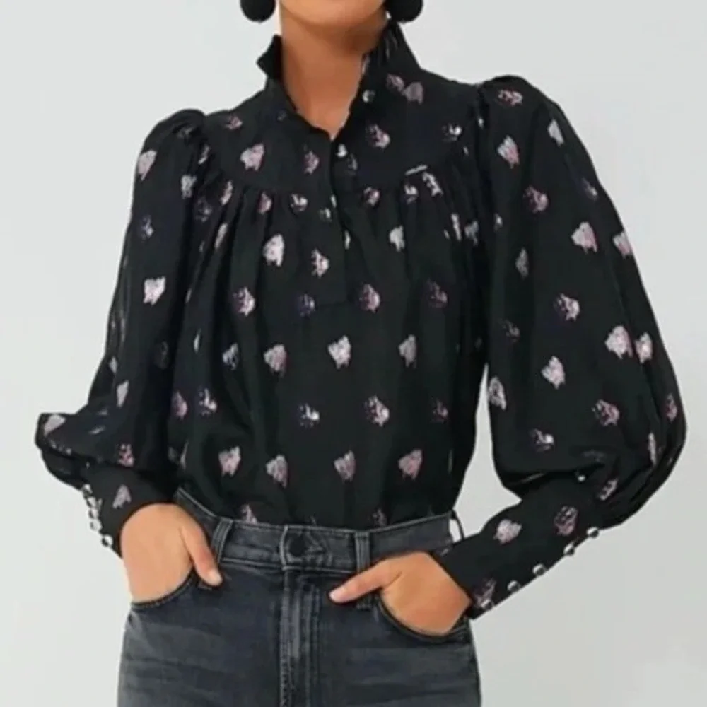 Tuckernuck Corrigan Blouse XXXL Black Pink Blurred Dot Fil Coupe Puff Sleeve